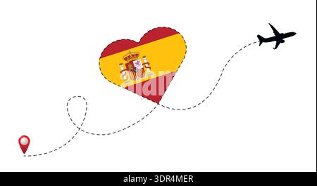 Airplane flight route with Spain flag inside the heart. Stock Vector