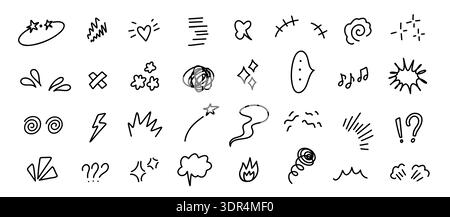 Comic expression icons. Doodle marks and kawaii bubbles for manga reaction, speech accents and emotion or surprise sound. Hand drawn action sparks Stock Vector