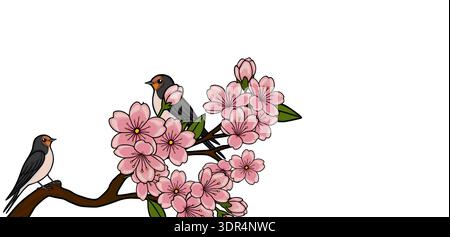 Charming vector banner illustration of two swallows perched on a blooming cherry blossom branch with delicate pink flowers and green leaves. Stock Vector