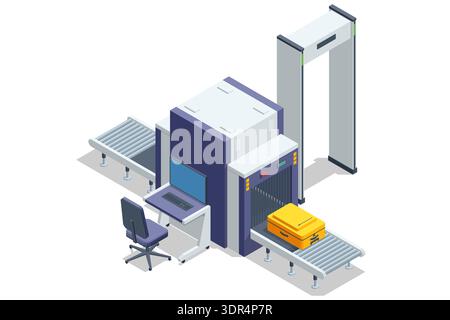 Metal detector. Isometric airport security zone with metal detector gate and barrier rope. Empty terminal interior with access control system and Stock Vector