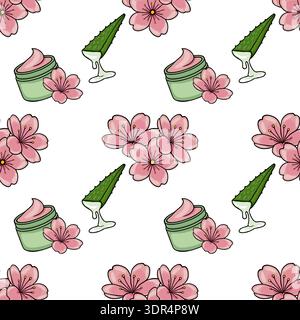 Seamless vector pattern of pink cherry blossoms and aloe vera cream jars Stock Vector
