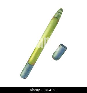 Green marker with open cap. Hand-painted watercolor illustration isolated on white for school design, stationery branding, education materials, creati Stock Photo