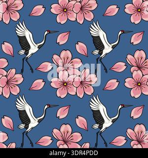 Seamless vector illustration pattern of red-crowned cranes and pink cherry blossoms on a deep blue background. Stock Vector