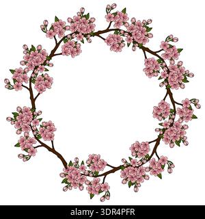 Delicate pink cherry blossom branches forming a circular vector frame with buds and green leaves Stock Vector