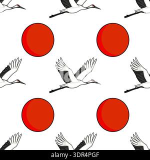 Seamless vector pattern of flying red-crowned cranes and red suns, traditional Japanese illustration Stock Vector
