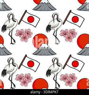 Seamless vector pattern of Japanese cranes, cherry blossoms, Mount Fuji and the Japanese flag Stock Vector