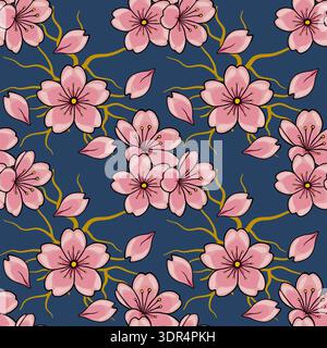 Seamless vector pattern of delicate pink cherry blossoms with golden branches on a deep blue background, illustrative style Stock Vector