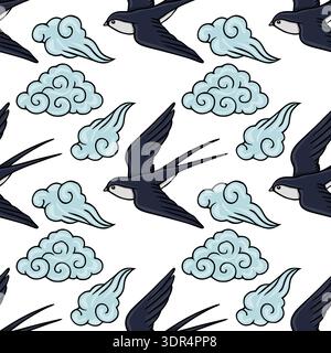 Seamless vector pattern of dark swallows flying through stylized light blue clouds Stock Vector