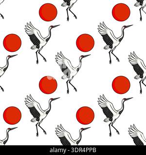 Seamless vector pattern of Japanese cranes and red sun circles, traditional Asian motif Stock Vector