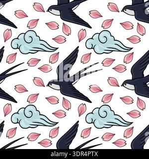 Seamless vector pattern of swallows flying among pink cherry blossoms and stylized clouds, Japanese spring theme Stock Vector