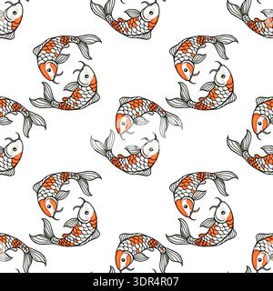 Seamless vector pattern of vibrant orange and white Koi fish illustration on a clean white background, traditional Japanese design Stock Vector