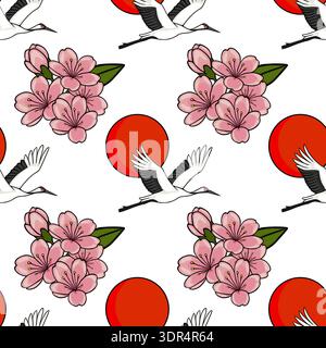 Seamless vector pattern of Japanese red-crowned cranes flying with delicate pink cherry blossoms and a vibrant red sun. Stock Vector