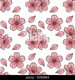 Seamless vector pattern of delicate pink cherry blossoms and falling petals, perfect for spring themes. Stock Vector