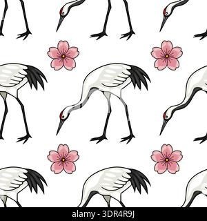 Seamless vector pattern of elegant red-crowned cranes and delicate cherry blossoms, showcasing traditional Japanese motifs. Stock Vector