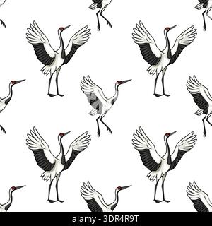 Seamless vector pattern of elegant red-crowned cranes with spread wings, traditional Japanese motif Stock Vector