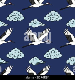 Seamless vector pattern of red-crowned cranes flying through stylized clouds on a dark blue background. Stock Vector