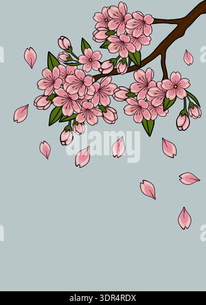 Sakura branch. Cherry blossom with falling petals of pink flowers ...
