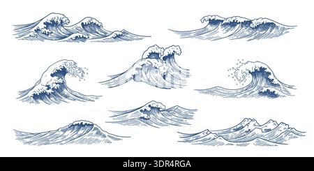 Hand drawn sea waves. Ocean blue water surf wave vintage sketch, tidal foam, storm splashes doodle, nautical outline graphic in Japanese engraving Stock Vector