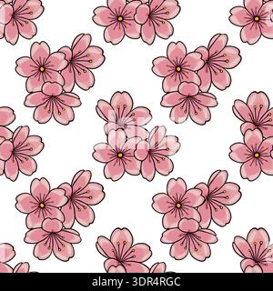 Seamless vector pattern of delicate pink sakura cherry blossoms with yellow stamens on a white background. Stock Vector