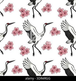 Seamless vector pattern of red-crowned cranes in flight amidst delicate pink cherry blossoms, traditional Japanese motif Stock Vector