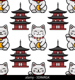 Seamless vector pattern of cute Maneki Neko lucky cats and traditional Japanese pagodas on white background. Stock Vector