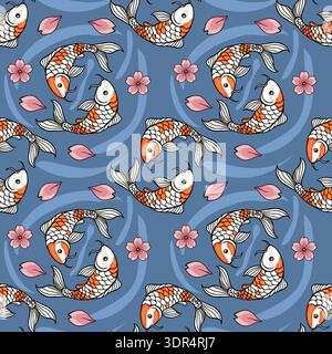 Seamless vector pattern of vibrant orange and white koi fish swimming amidst delicate pink cherry blossoms and flowing blue water. Stock Vector