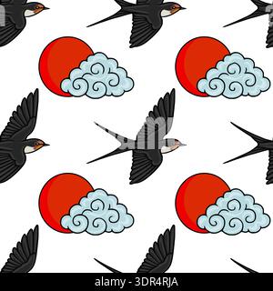 Seamless vector pattern of flying swallows and a red sun with stylized clouds, Japanese style Stock Vector