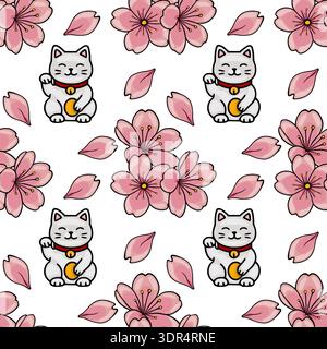 Cute Maneki Neko Cats and Pink Cherry Blossom Petals Seamless Vector Pattern Stock Vector