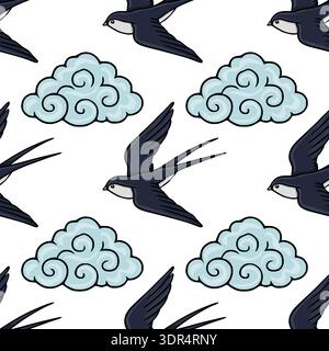 Seamless vector pattern of dark blue swallows flying through stylized light blue clouds Stock Vector
