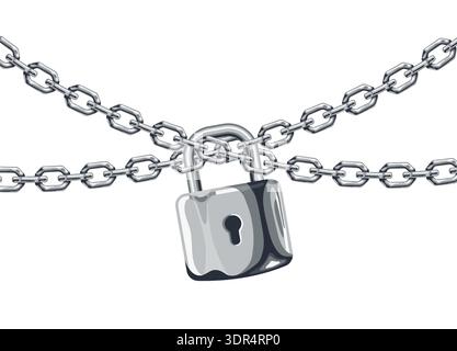 Metal chain and padlock. Steel closed lock on chains 3d realistic isolated vector background. Internet security, privacy protection and encrypted Stock Vector