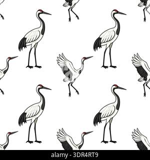 Seamless vector pattern illustration of elegant red-crowned cranes in various poses, perfect for textile and wallpaper designs Stock Vector