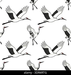 Seamless vector pattern of elegant Japanese Red-crowned cranes in flight, symbolizing grace and longevity. Stock Vector