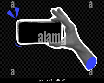 Trendy halftone hands holding phone collage. Pop art retro vintage style. Social media communication. Blank space empty frame for quote, plan and idea. Vector illustration Stock Vector