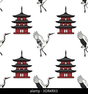 Seamless vector pattern of Japanese pagodas and red-crowned cranes in flight Stock Vector