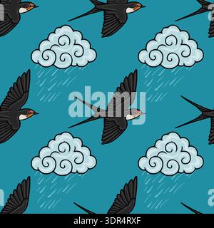 Seamless vector pattern of swallows flying through stylized clouds and rain Stock Vector