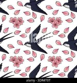 Seamless vector pattern of dark swallows flying amidst delicate pink cherry blossom petals and flowers, evoking springtime tranquility. Stock Vector