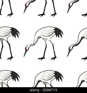 Seamless vector pattern of elegant Japanese Red-crowned Cranes in a graceful pose Stock Vector