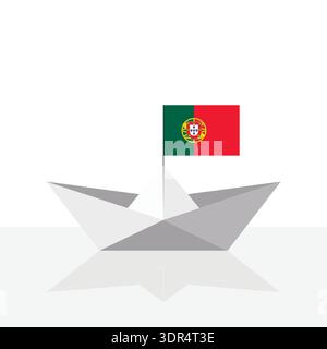 Origami paper ship with reflection and Portugal flag. Vector. Stock Vector
