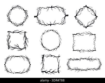 Rustic branch frame. Abstract dry twigs botanical borders, decorative entwined tree branches. Circle, square and oval, rectangle hand drawn roots Stock Vector