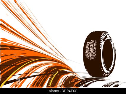 Tire Motion and Speed Illustration With Racing Tire, Dynamic Orange Swirls and Automotive Energy, Vector Illustration Stock Vector
