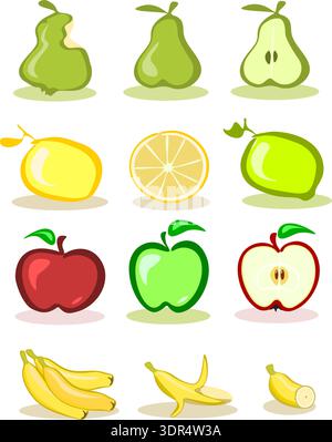 Colorful Cartoon Fruit Icons Set Featuring Apples, Pears, Bananas and Citrus Illustrations, Vector Illustration Stock Vector