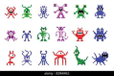 Monster pixel 8 bit. Arcade video game character, space alien pixel art retro mascot. 80s videogame animal, galaxy pixelated enemy, cosmic virus Stock Vector