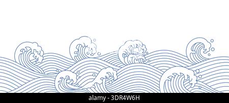 Japanese sea wave seamless border. Ocean water flow in traditional oriental style, seascape tide crest with foam and splashes. Horizontal marine line Stock Vector