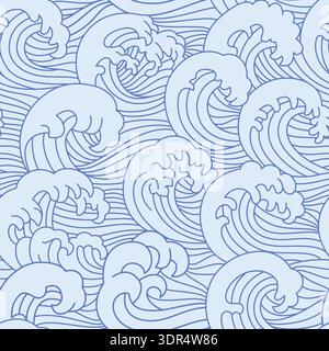 Sea wave Japanese seamless pattern. Ocean water abstract ornament, chinese decorative fabric line geometric background. Vintage oriental waves print Stock Vector