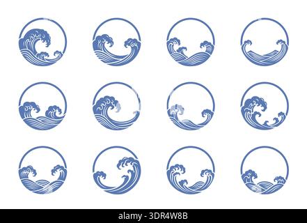 Japanese sea wave outline round labels. Ocean waves tattoo, logo emblem. Fresh water splashes nautical decoration, hand drawn wavy pattern. Vintage Stock Vector