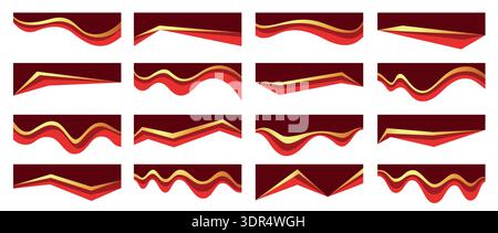 Red gold curved separators, headline with waves for premium banners, wavy header or divider layout. Layered vector abstract element with glossy foil Stock Vector