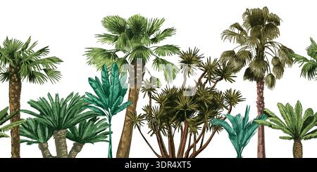 Green palm tree seamless border. Hand drawn fronds, botanical foliage for jungle wallpaper, tropical background and resort travel beach poster. Exotic Stock Vector