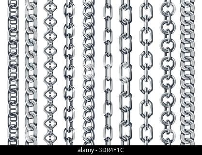 Silver chain seamless borders. Vertical metal links, polished steel pattern brushes for jewelry, marine design. Glossy realistic chains for necklace Stock Vector