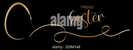 Stylish easter card with golden brush egg symbol and flowing line on dark background for happy celebration. Elegant vector illustration for religious Stock Vector