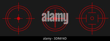 Set of circular red crosshair icons for aiming systems. Vector reticle graphics for shooter games, weapon optics, tactical HUD interfaces, combat Stock Vector